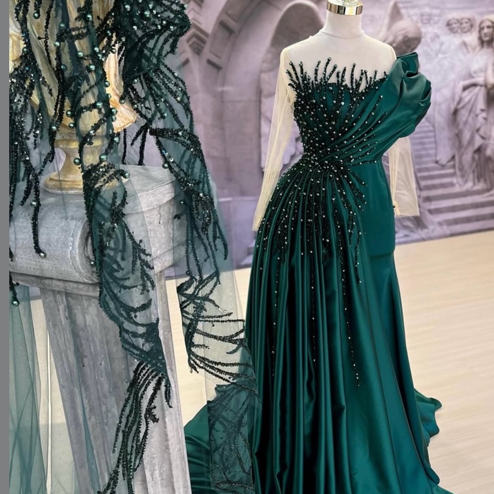 Emerald One Shoulder Gown with Bead Detailing - Picture 1 of 4